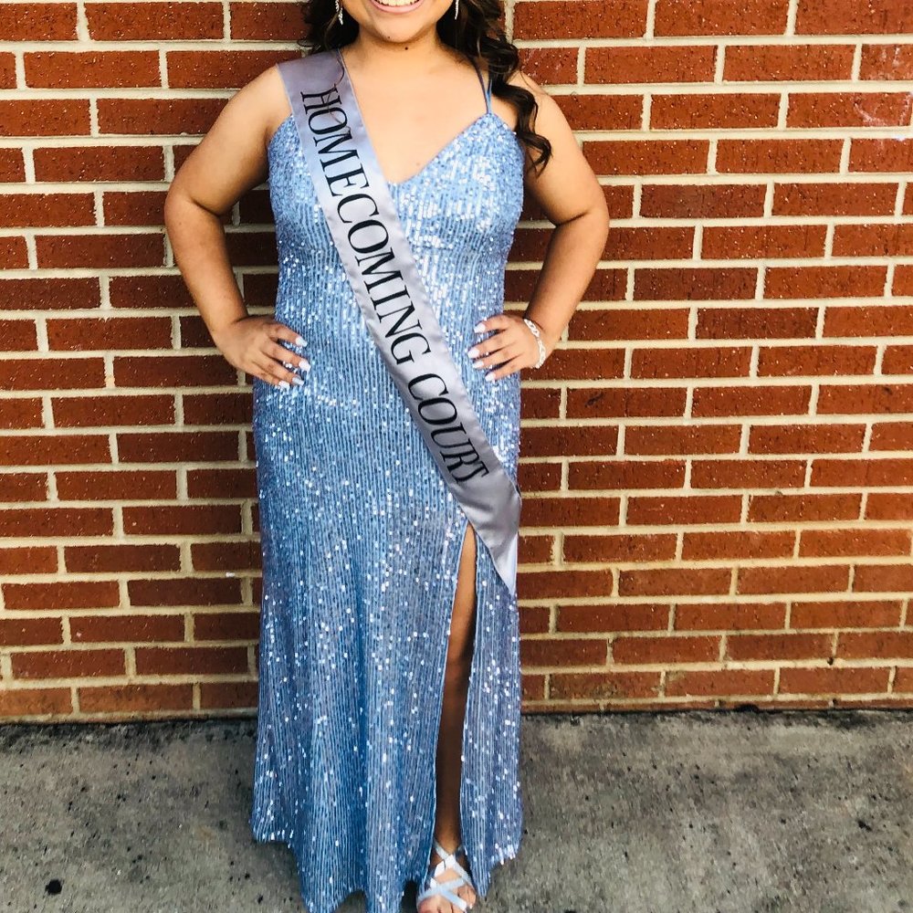 light blue sequin prom dress